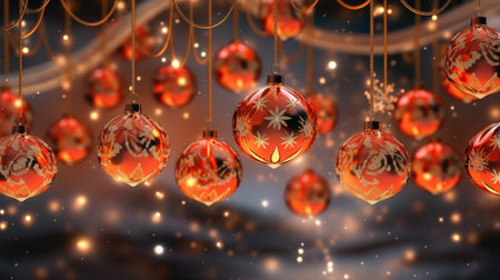 Christmas balls and snowflakes on banner with copy space. AI Generated.の素材