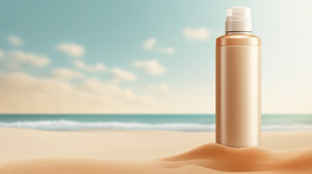 sunscreen lotion tube on the ocean and sand background, ai generated.の素材