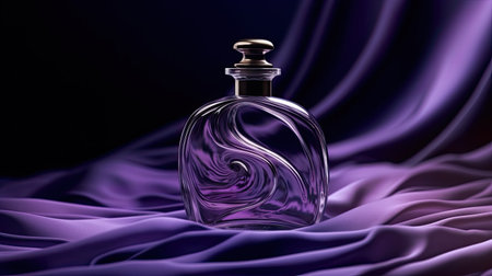luxury glass perfume bottle with velvet cloth waves background, ai generated.の素材