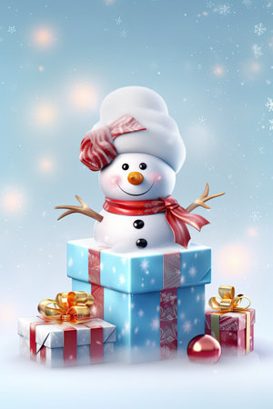 little snowman and Christmas gifts. Christmas and New Year holiday background. Xmas greeting card. AI Generated.の素材
