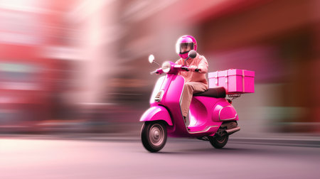 red delivery scooter driver with courier box going fast outdoor. ai generatedの素材