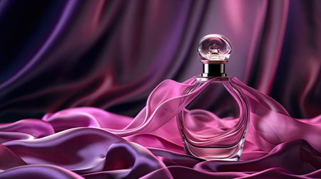 luxury glass perfume bottle with pink and violet velvet cloth waves background, ai generated.の素材