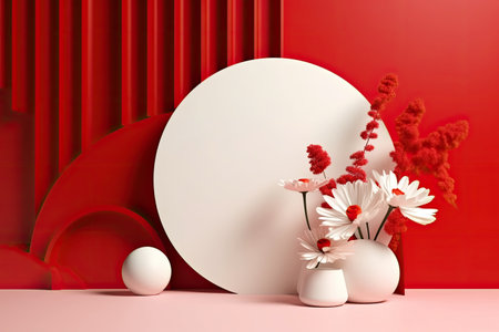 white podium with red and white flowers on red background. stage for presentation cosmetic or beauty product. minimal fashion design. Generative AIの素材