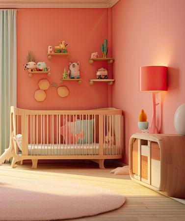 cute pastel baby room with crib, AI Generated.の素材
