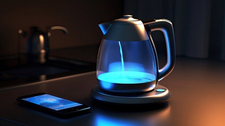 Transparent electric kettle on table in kitchen. AI Generatedの素材