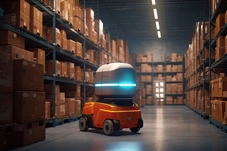 automated management inventory and delivery robot at storage warehouse, AI Generated.の素材