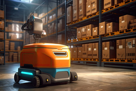 automated management inventory and delivery robot at storage warehouse, AI Generated.の素材
