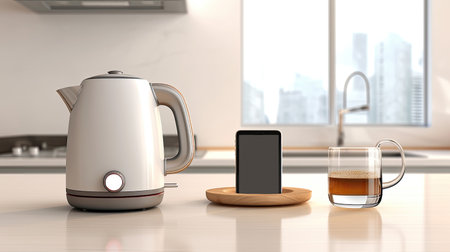white electric kettle on table in kitchen. AI Generatedの素材