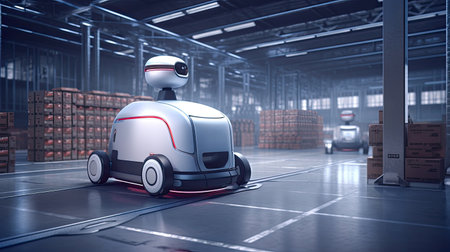 automated management inventory and delivery robot at storage warehouse, AI Generated.の素材