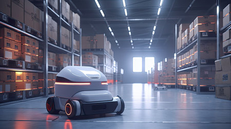 automated management inventory and delivery robot at storage warehouse, AI Generated.の素材
