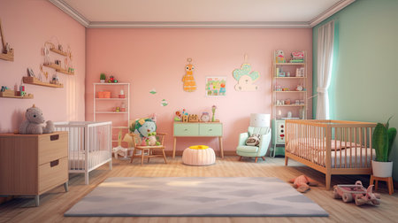 cute pastel pink and blue baby room with crib, AI Generated.の素材