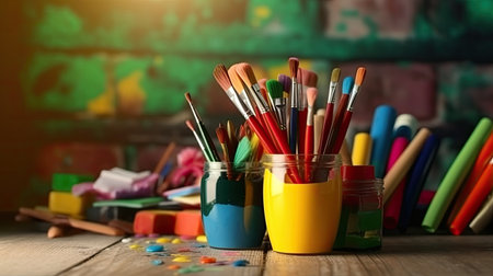 Artist paint brushes and watercolor paint cans for painting, ai generated.の素材