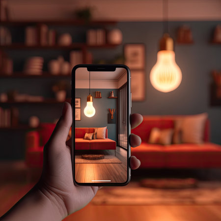 smartphone application of controlling light bulb in modern room. AI Generatedの素材