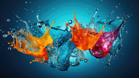 multicolor water splashes and drops on the blue background.の素材