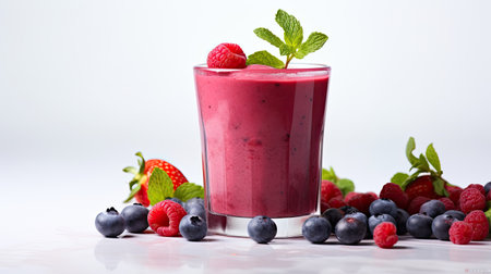smoothie with fresh fruits and berries on white background, ai generated.の素材