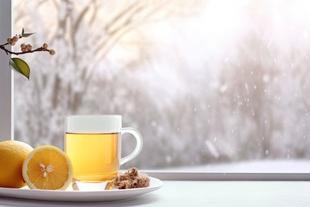 cup of hot tea with lemon on winter background with copy space, ai generated.の素材