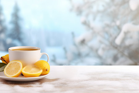 cup of hot tea with lemon on winter background with copy space, ai generated.の素材