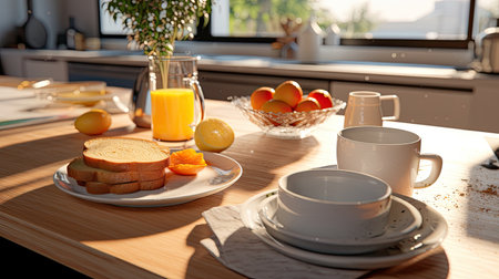 fresh breakfast on modern kitchen in sunny morning, ai generated.の素材