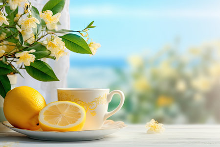 tea with fresh lemon on summer background, copy space, ai generated.の素材