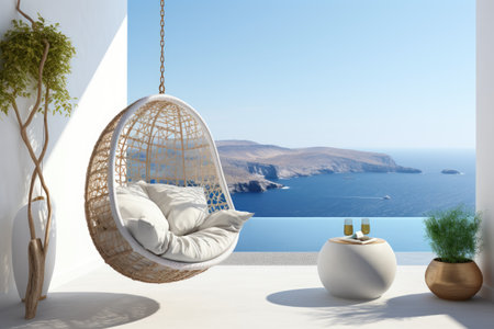Modern loft style terrace with rattan swing chair overlooking sea view, ai generated.の素材
