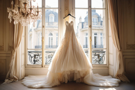 Wedding dress hanging on hanger in romantic apartmentの素材