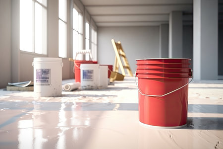 construction site of home renovation with paint and primer jerry buckets on white floor, ai generated.の素材