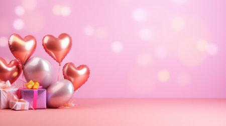 hearts foil balloons with gifts on pink Valentines Day backgroundの素材