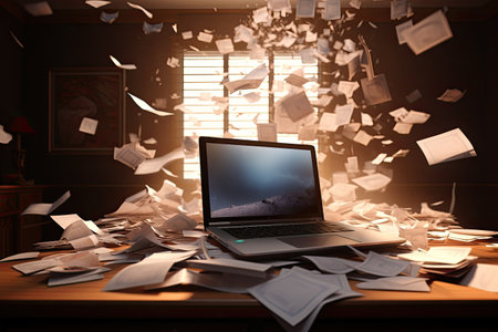 laptop on table with many paper documents at night, stress, chaos, AI Generated.の素材