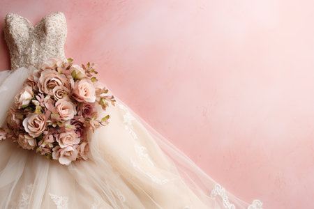 wedding dress and bridal flowers bouquet on pink background.の素材