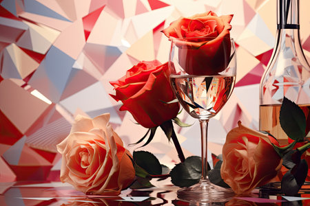 Valentine's day, bottle of wine, glasses and red roses with copy space.の素材