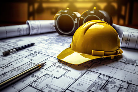 construction blueprints and a yellow hardhat , ai generated.の素材