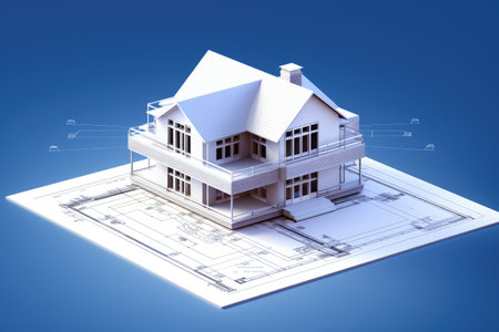 construction project, building house on blueprints on blue. ai generated.の素材