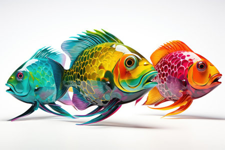 watercolor three colorful fish on the white background.の素材