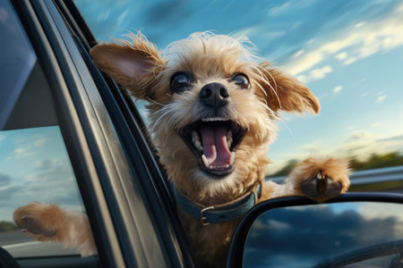 happy funny dog with head out of car windowの素材