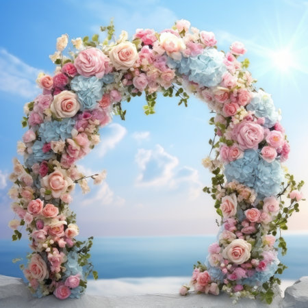 wedding arch with bright flowers on blurred background.の素材