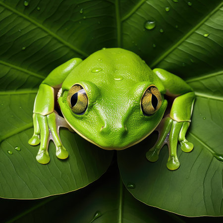 top view of green tree frog on green leaf, ai generated.の素材