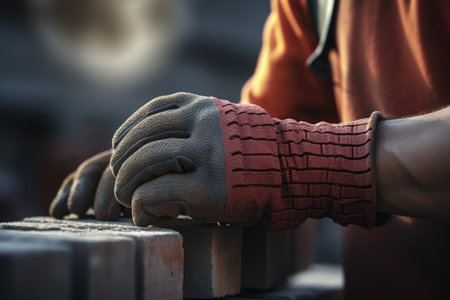 male hand in glove of bricklayer installing bricks on construction site, ai generated.の素材