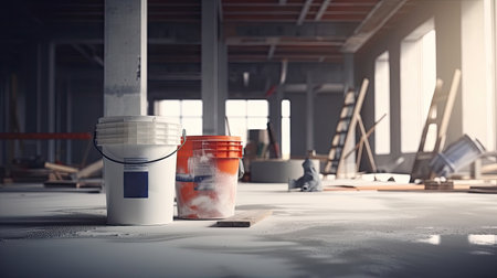 construction site of home renovation with paint and primer jerry buckets on floor, ai generated.の素材
