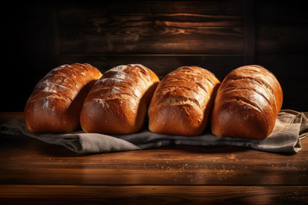 bread loaves on wooden table on black background, ai generated.の素材