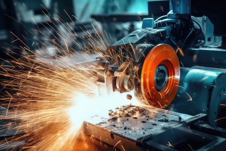 Lathe grinder with sparks while finishing metal work, ai generated.の素材