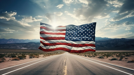 United States flag and road through the American desert, ai generated.の素材