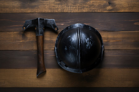 helmet, hammer on black wooden background , top view, ai generated.の素材