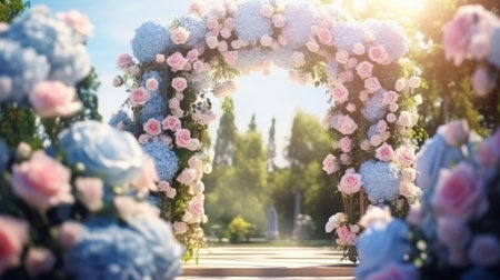 wedding arch with bright flowers on blurred background.の素材