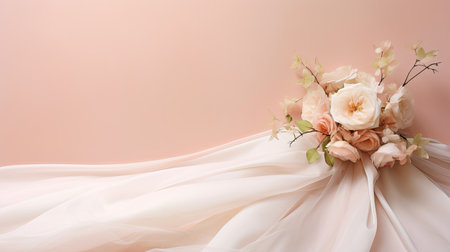 wedding dress and bridal flowers bouquet on pink background. copy spaceの素材