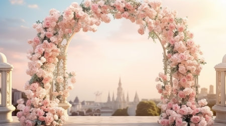 wedding arch with bright pink flowers on blurred background.の素材
