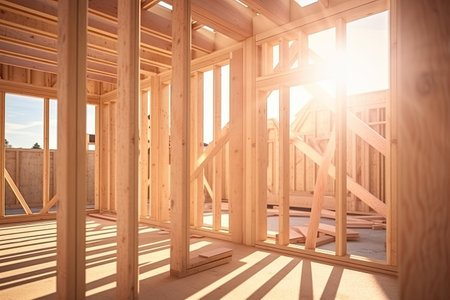 New framing construction of house inside in sunny day, ai generated.の素材