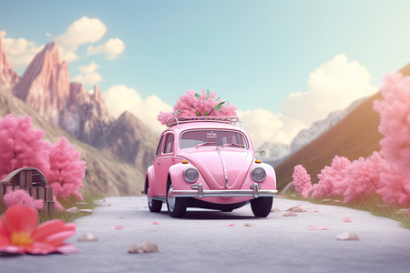cute pink car on road trip, Travel vacation in summer season, ai generated.の素材