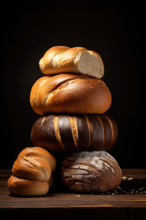 bread loaves on wooden table on black background, ai generated.の素材