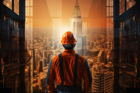 construction of a skyscraper, worker in a orange helmet, ai generated.の素材