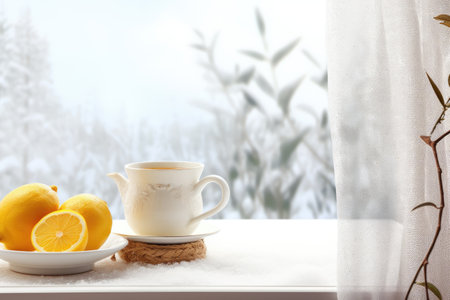 cup of hot tea with lemon on winter background with copy space, ai generated.の素材